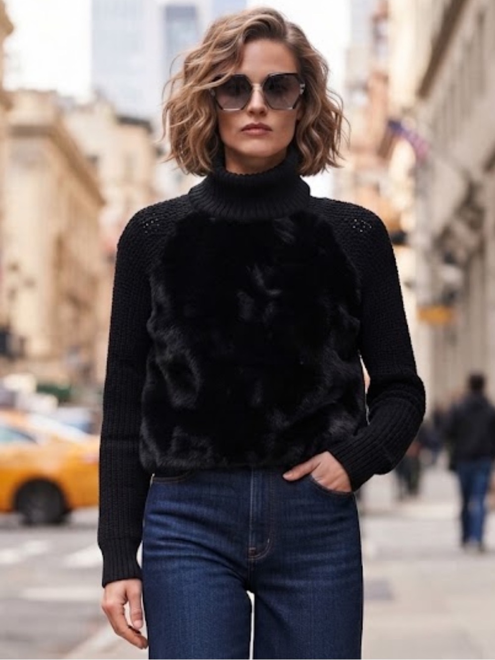 NWOT BR Banana Republic Elegant Black Knit Faux fur Turtleneck Sweater